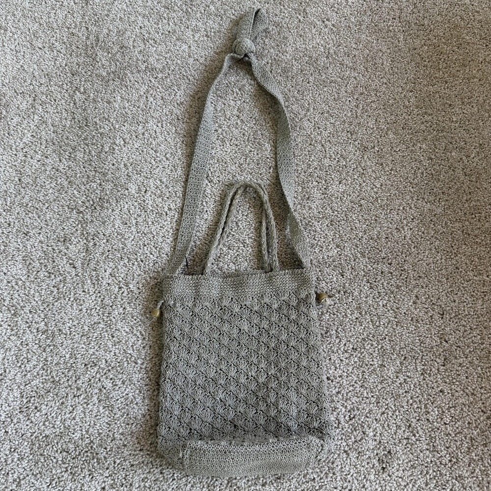 Crochet Crossbody Bag Womens Medium Gray Cotton Knit Boho Lined Adjustable Strap